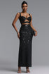 Urania Elegant Black Spaghetti Strap Rhinestone Bandge Maxi Skirt Set