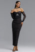 Unica Slim Fit Off Shoulder Long Sleeve Mesh Heart Rhinestone Ruched Bandage Top and Skirt Set
