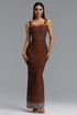 Shea Elegant Contour Square Neck Floral Pearl Bandage Brown Maxi Dress