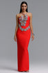 Veronic Glamorous Contour Halter Cut Out Rhinestone Floral Bandage Red Maxi Dress