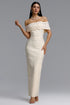 Isme Elegant Contour Off Shoulder Pearl Rhinestone Bandage Light Beige Maxi Dress