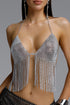 Mignon Edgy Rhinestone Chain Halter Deep V Fringe Crop Top