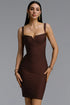 Miopa Minimalist Contour Wide Strap Heart V Neck Cross Waist Brown Bandage Midi Dress