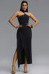 Nirina Contour Floral Metal Buckle Halter Asymmetrical Cut Out Ruched Sash Maxi Dress