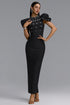 Vazada Elegant Contour High Neck Bow Puff Sleeve Bandage Black Maxi Dress