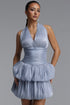 Salita Elegant Tailored V Neck Sleeveless Shimmer Satin Mini Dress