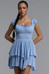 Irare Romantic Flowy Sleeveless Ruched Knit Blue Mini Dress