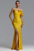 Sukia Elegant Waist-Cinching One Shoulder Thin Strap 3D Ruffle Floral Sequin High Slit Mermaid Maxi Evening Dress