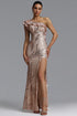 Rami Elegant Waist-Cinching One Shoulder Ruffle Chain Tassel Sequin High Slit Mermaid Maxi Evening Dress