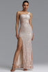 Vleah Elegant Waist-Cinching One Shoulder Vertical Stripe Sequin High Waist Ruched High Slit Bodycon Maxi Evening Dress