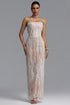 Opala Light Luxury Slim Strapless Vertical Stripe Rhinestone Tassel Lace Embroidery Mesh Mermaid Maxi Evening Dress