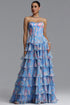 Kiera Elegant Waist-Cinching Strapless Boned Floral Print Chiffon Multi-Layer Ruffle High Slit Maxi Evening Dress