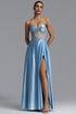 Rilia Elegant Waist-Cinching Strapless Sheer Mesh Boned Rhinestone Satin Full Skirt Maxi Evening Dress