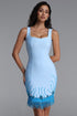 Donna Classic Contour Sleeveless Beaded Fringe Blue Bandage Mini Dress