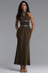 Xenia Retro Halter V Neck Draped Bodycon Maxi Dress