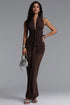 Yamia Vintage Halter V Neck Ruched Maxi Dress