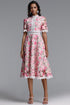 Perly Classic Cinched Short Sleeve Floral Print Lace Midi Dress