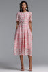Vincy Romantic Cinched Round Neck Short Sleeve Pearl Floral Lace Midi Dress