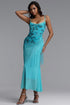 Palez Elegant Contour Spaghetti Strap Fringe Floral Print Mesh Maxi Dress