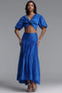 Diliy Resort Flowy V Neck Puff Sleeve Woven Top and Skirt Two Piece Set