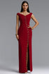 Tess Vintage Off Shoulder V Neck Metal Buckle Slit Maxi Dress