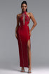 Kiyami Sexy Fitted Halter Rhinestone Hollow Slit Maxi Bandage Dress