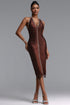 Zem Elegant Fitted Halter Rhinestone Tassel Midi Bandage Dress