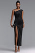 Marcella Chic Contour Asymmetrical Pleated Satin Black Maxi Dress