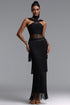 Rakel Stylish Fitted Halter Sheer Fringe Long Bandage Dress