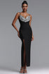 Verze Exquisite Fitted Spaghetti Strap V-neck Rhinestone Slit Maxi Bandage Dress