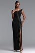 Tess Vintage Off Shoulder V Neck Metal Buckle Slit Black Maxi Dress