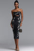 Linka Elegant Fitted Strapless Floral Embroidery Cutout Waist Bandage Midi Dress