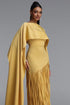 Quinny Elegant Fitted Cape Fringe Satin Maxi Dress