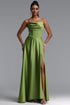 Doda Elegant Waist-Cinched Draped Boned Slit Satin Maxi Dress