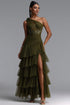 Tersaa Elegant Waist-Cinched One-Shoulder Boned Embroidered Tiered Slit Maxi Dress