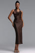 Roxanne Chic Contour Cowl Neck Halter Satin Maxi Dress
