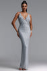 Yasir Elegant Slim Spaghetti Strap V-neck Rhinestone Maxi Dress