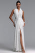 Uabeza Elegant Waist-Cinched Halter Slit Ruched Lace Maxi Dress