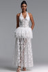 Enene Elegant Waist-Cinched Halter V-Neck Layered Lace Maxi Dress
