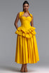 Shea Elegant Waist-Cinched Halter Neck Ruffled Maxi Dress