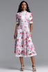 Perly Classic Cinched Short Sleeve Floral Print Lace Floral Midi Dress