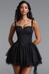 Natasha Chic Tailored Sleeveless Boning Ruffle Polka Dot Mesh Black Mini Dress