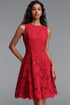 Pedra Elegant Cinched Round Neck Sleeveless Floral Lace Red Mini Dress