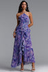 Elleri Resort Flowy Sleeveless Pleated Ruffle Floral Print Woven Purple Maxi Dress