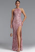 Goldi Chic Contour Halter Sequin Pink Maxi Dress