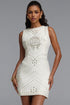 Habiba Chic Round Neck Sleeveless Gold Studded Geometric Pattern Tweed Beige Mini Dress