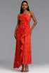 Elleri Resort Flowy Sleeveless Pleated Ruffle Floral Print Woven Red Maxi Dress