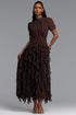 Gricely Elegant Cinched Short Sleeve Ruffle Polka Dot Chiffon Maxi Dress