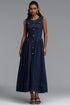Sanna Chic Tailored Sleeveless Flared Gathered Denim Maxi Dress