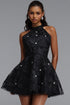 Sue Romantic Cinched Sleeveless Rhinestone Tulle Mini Dress